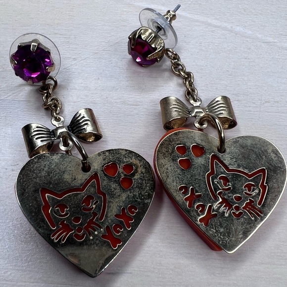 Rare Betsey Johnson xoxo Dangle Cat Earrings - Picture 4 of 4